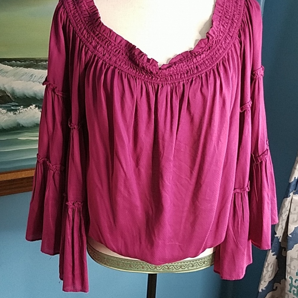 Free People Bohemian Off The Shoulder Exaggerated Bell Sleeved Top